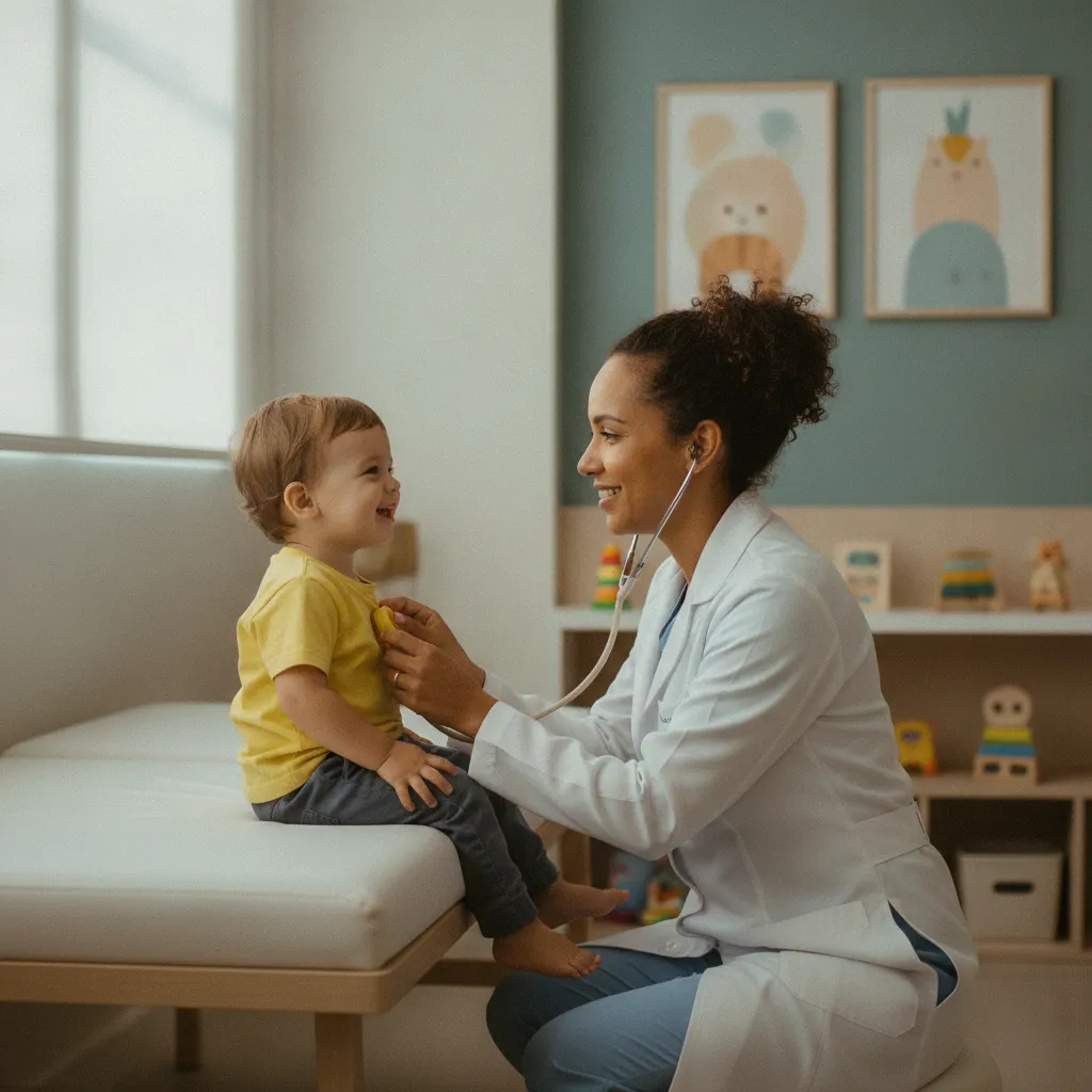 Pediatra avaliando uma criança no consultório